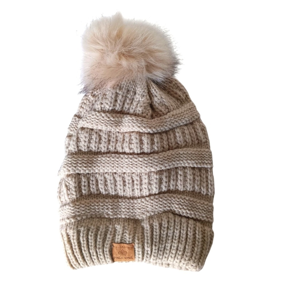 Page One Beanie Women OS Beige Faux Fur Lined Pom Pom Cable Knit Winter Hat